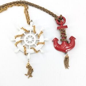 Vintage Nautical Ship Wheel Anchor Beachy Chains Tassel Necklaces Bundle of 2